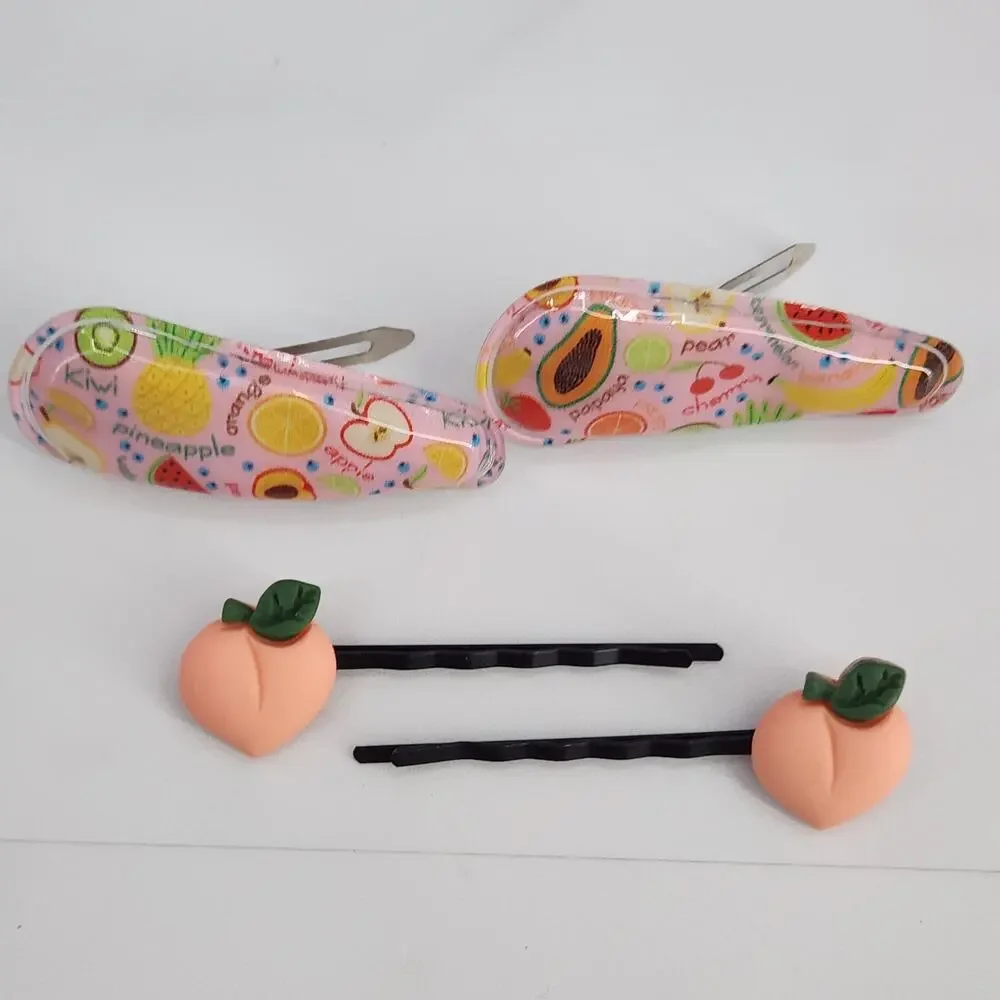 4 pc Fruit Hair Accessories 2 Peach bobby pins 2 Multi Fruit snap barrette clips